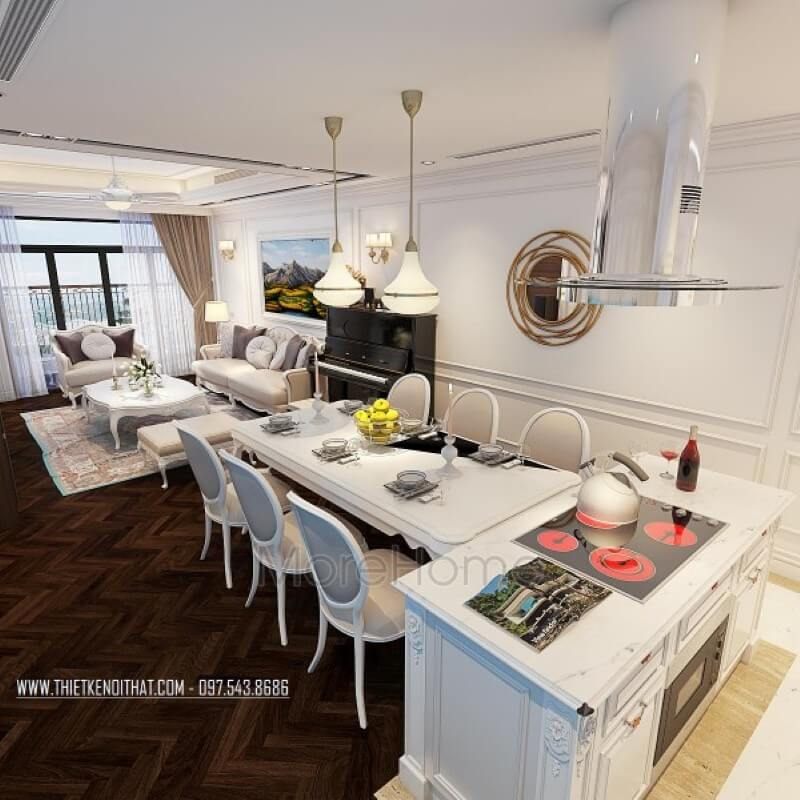 Phòng ăn chung cư được thiết kế kết nối với phòng bếp, góp phần tạo nên một không gian sống chung, mở rộng và thoáng mát hơn.